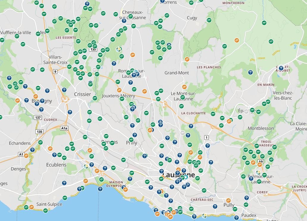Exemple de carte Geocaching montrant de nombreuses caches autour de Lausanne
