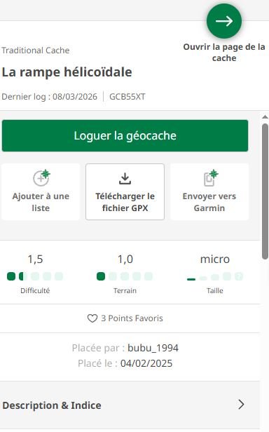 Exemple de fiche Geocaching avec difficulté, terrain, taille et points favoris