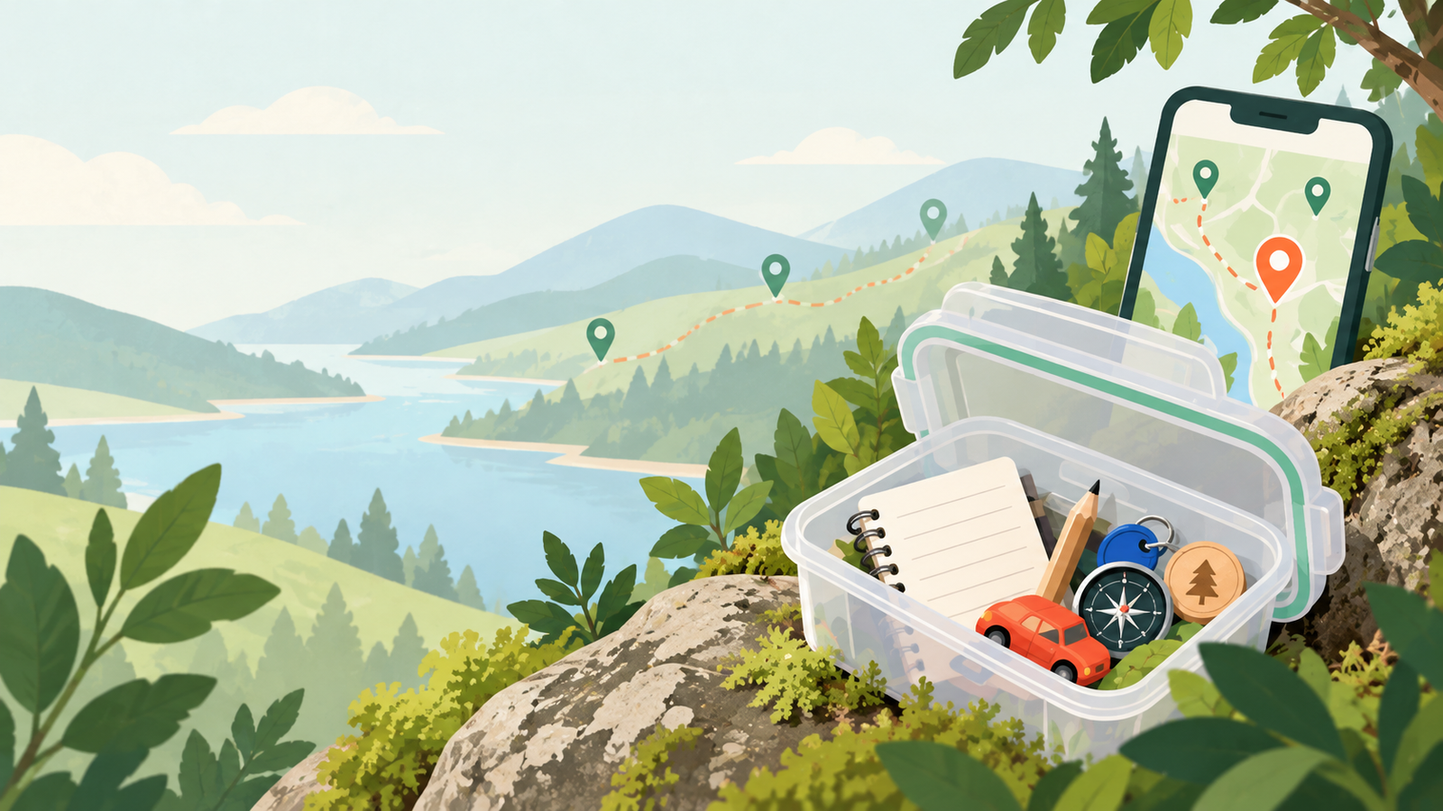 Illustration d’une géocache ouverte dans la nature, avec carte et repères GPS