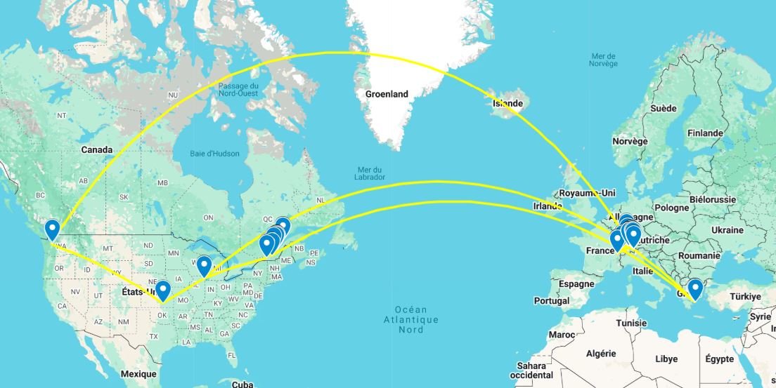 Carte montrant le trajet d’un tag de géocaching entre l’Europe et l’Amérique du Nord