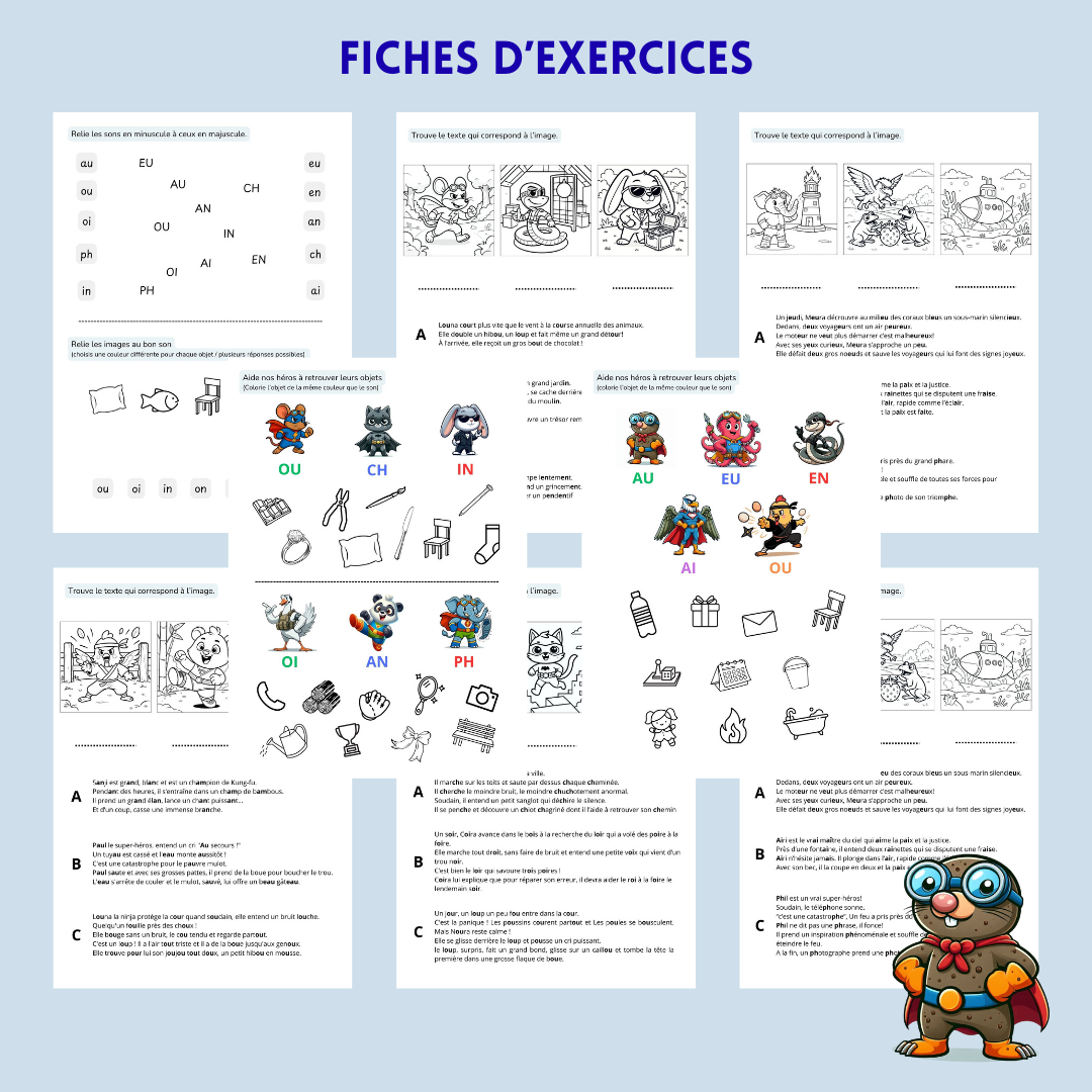 Aperçu des huit fiches d'exercices avec sons, illustrations et petites histoires