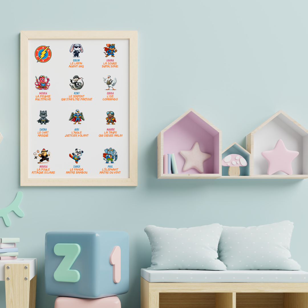 Exemple de poster des sons encadré dans une chambre d'enfant