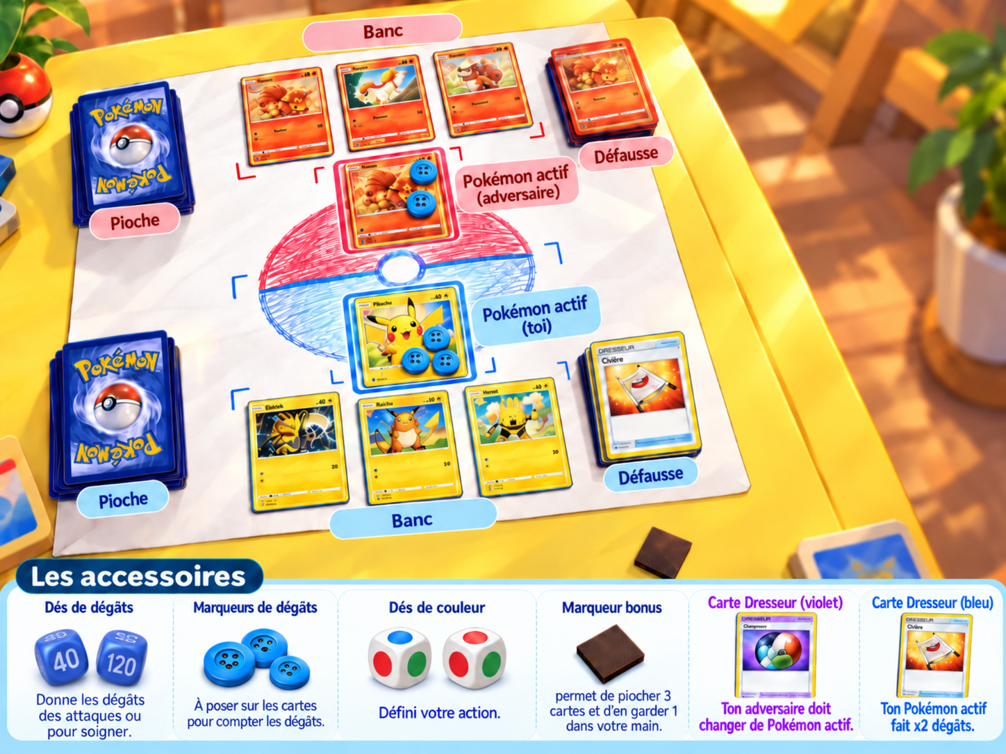 Illustration d'une partie avec deux zones de jeu, un Pokémon actif, un banc, une pioche, une défausse et les accessoires utilisés dans notre variante.